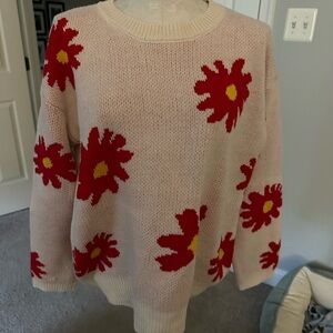 SHEIN Red and Yellow Crew Neck Sweater with Floral Design